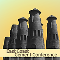 Imagem promocional para a Conferência de Cimento da Costa Leste, com quatro estruturas pretas semelhantes a torres sobre um fundo amarelo com degradê.